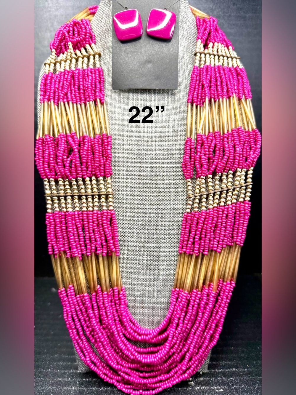 198. Handmade Multi-Strand Pink and Gold Beaded Necklace